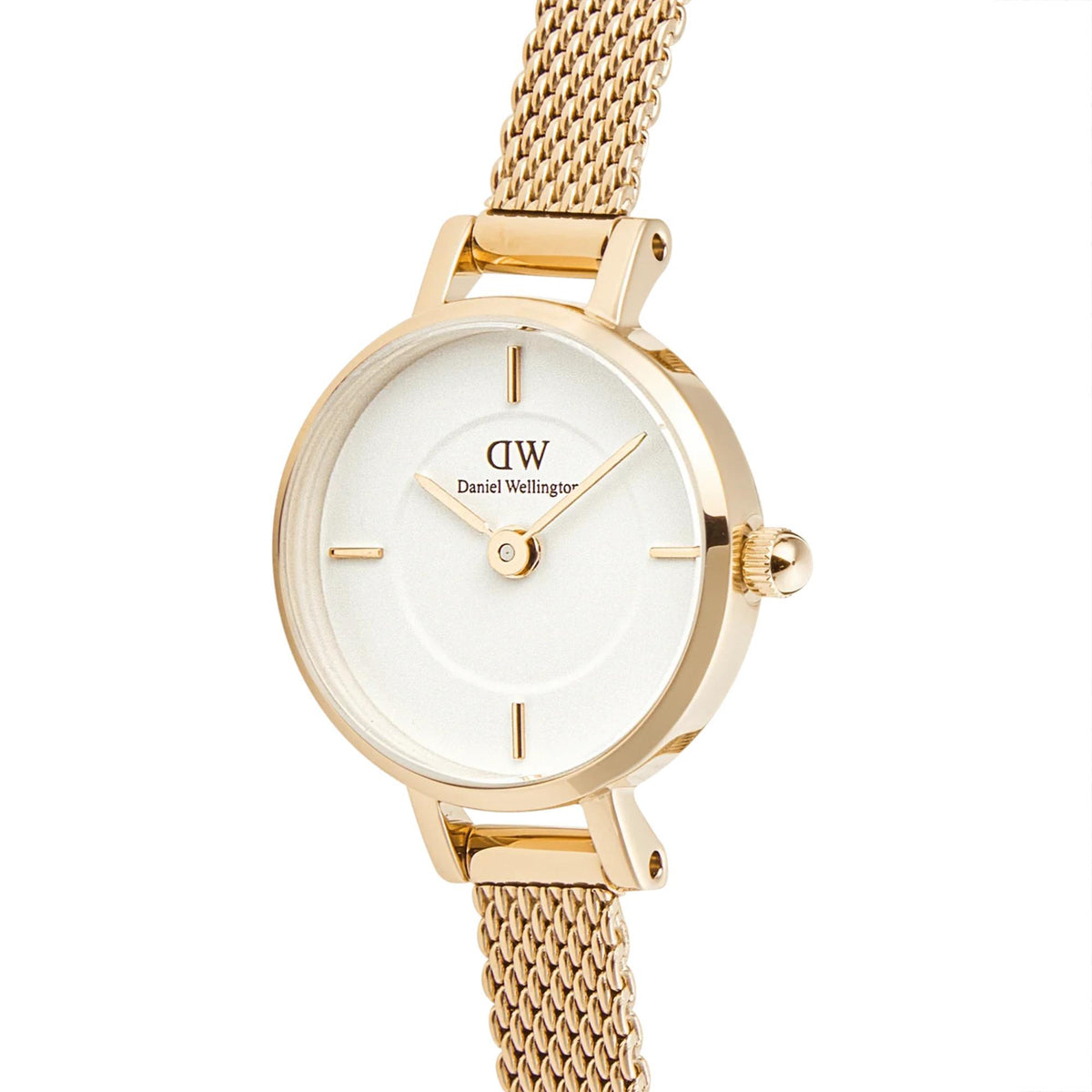 Gold-tone case petite quartz watch with white dial, crown, and mesh strap