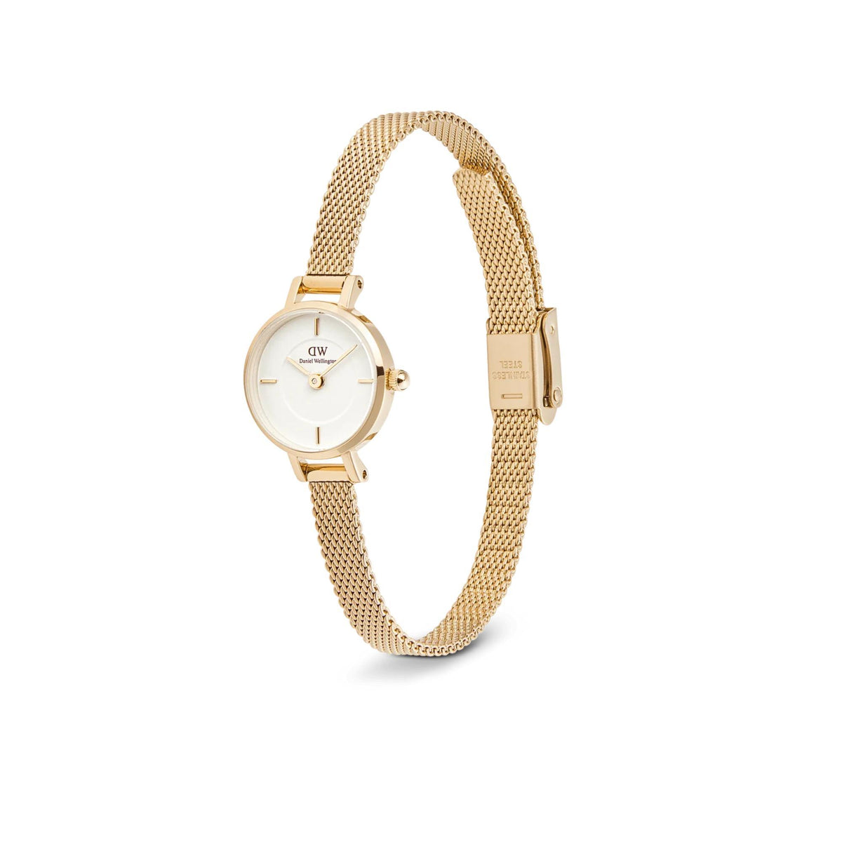 Petite gold-tone quartz watch with white dial and clasped mesh bracelet