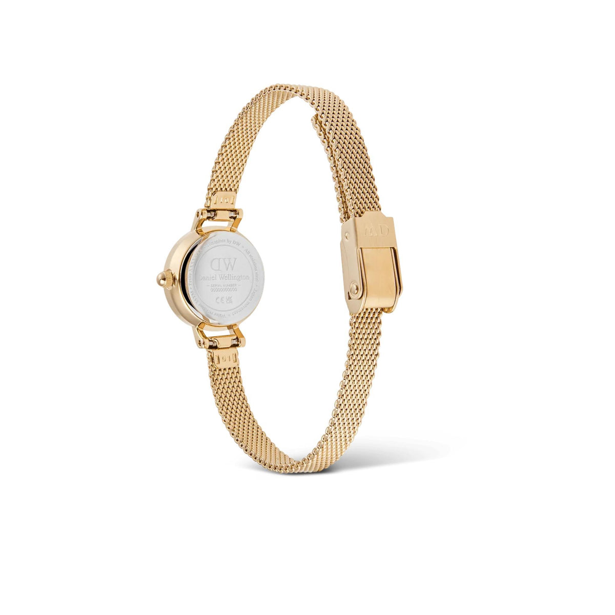 Gold-tone mesh bracelet quartz watch with white dial and side button detail