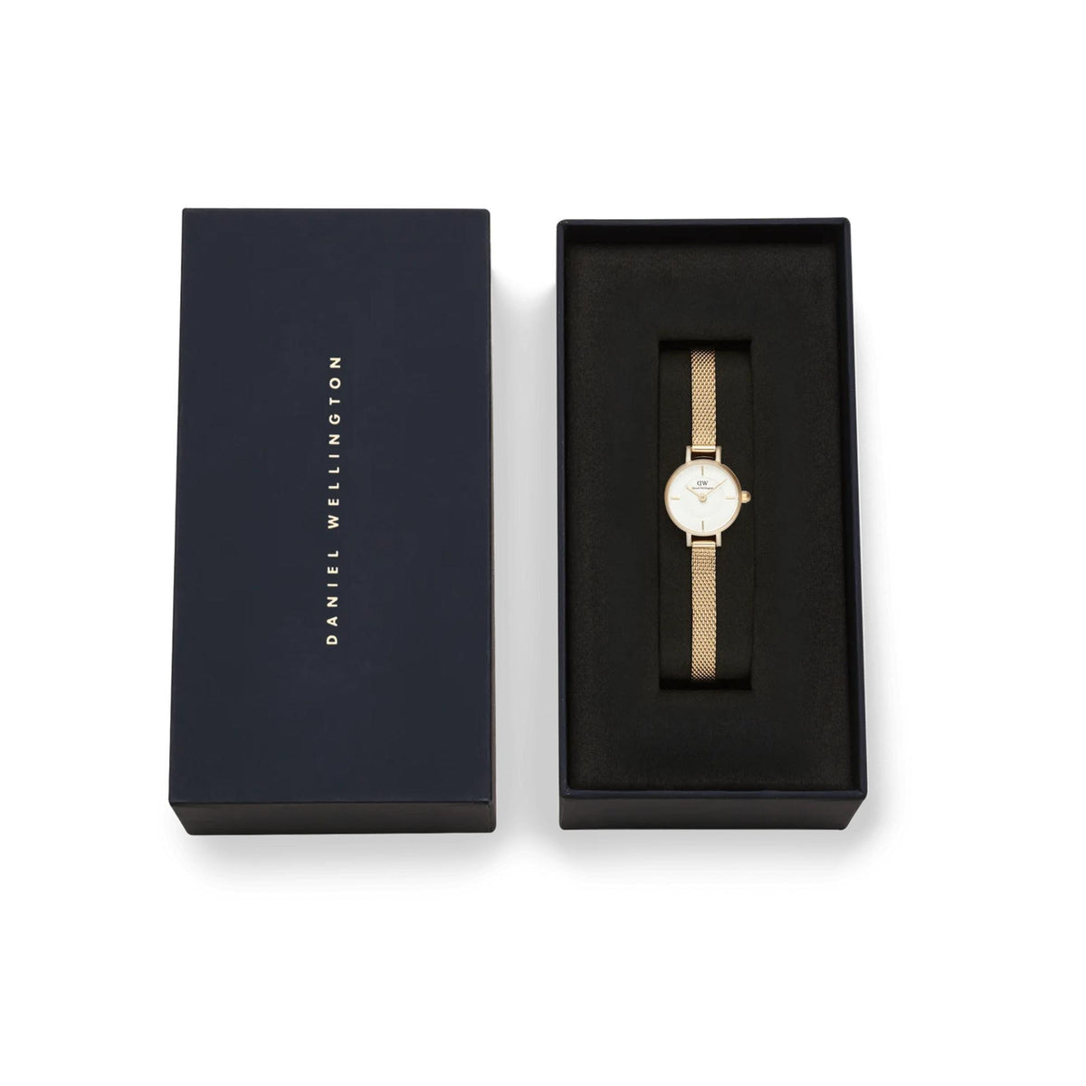 Quartz watch in presentation box with gold-tone mesh strap and white dial