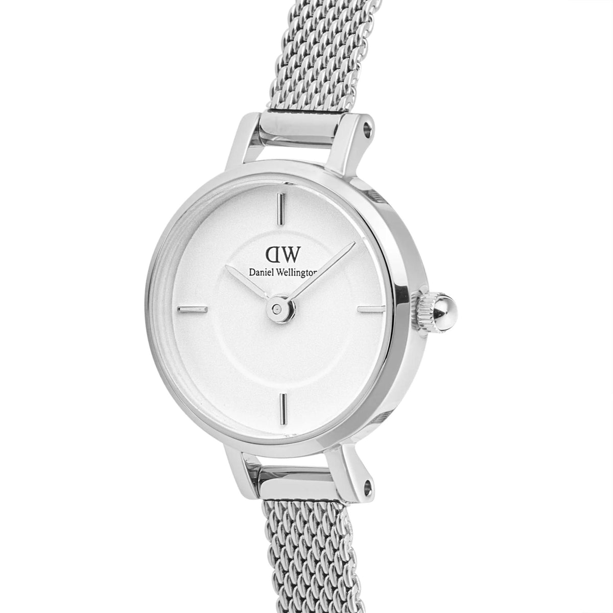 Petite round ladies quartz watch with white dial, silver mesh bracelet and crown