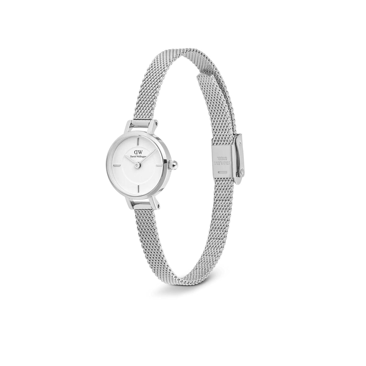 Petite round ladies quartz watch with silver mesh strap, crown side and clasp