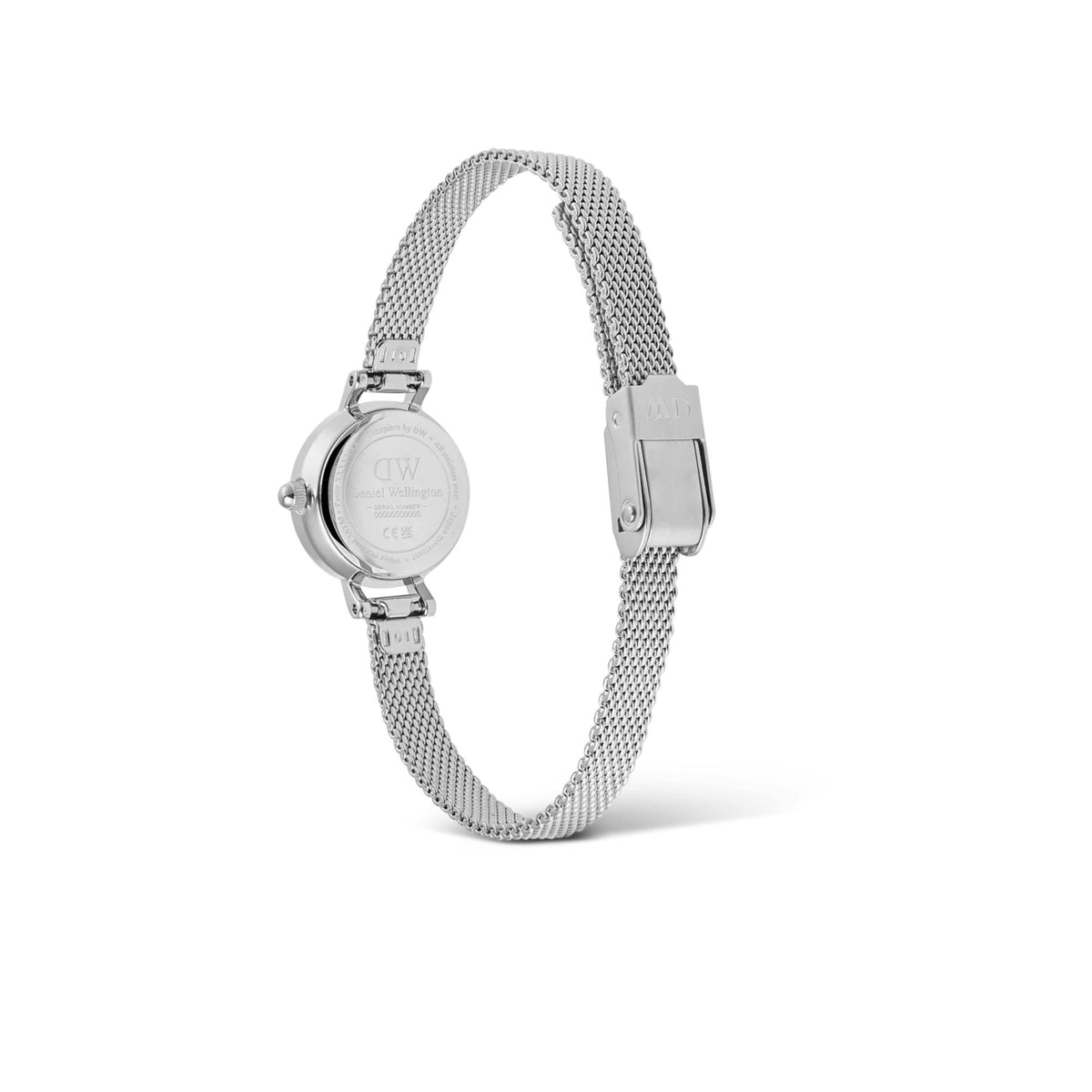 Petite round ladies quartz watch on silver mesh bracelet with buckle clasp