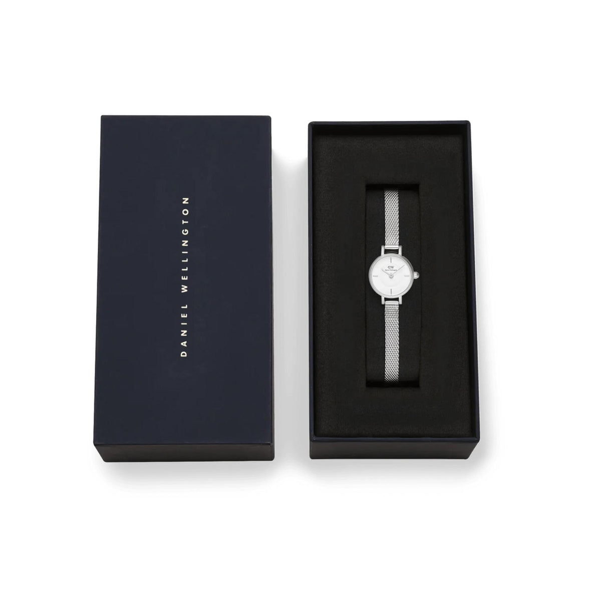 Ladies quartz watch with silver mesh bracelet displayed in black gift box