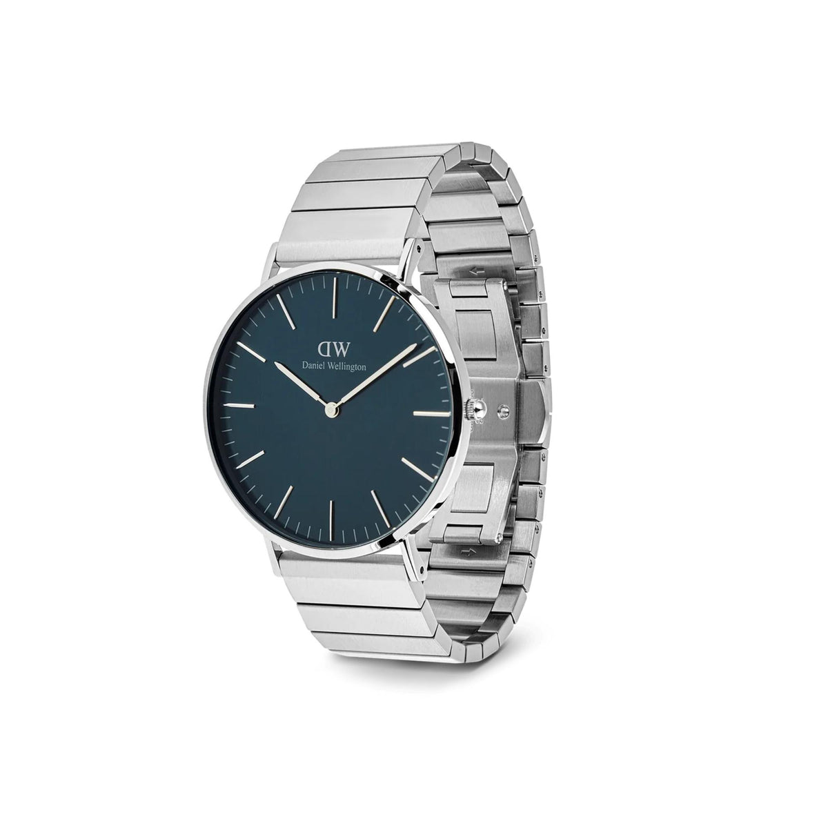 Daniel Wellington classic watch with blue dial and stainless steel link bracelet
