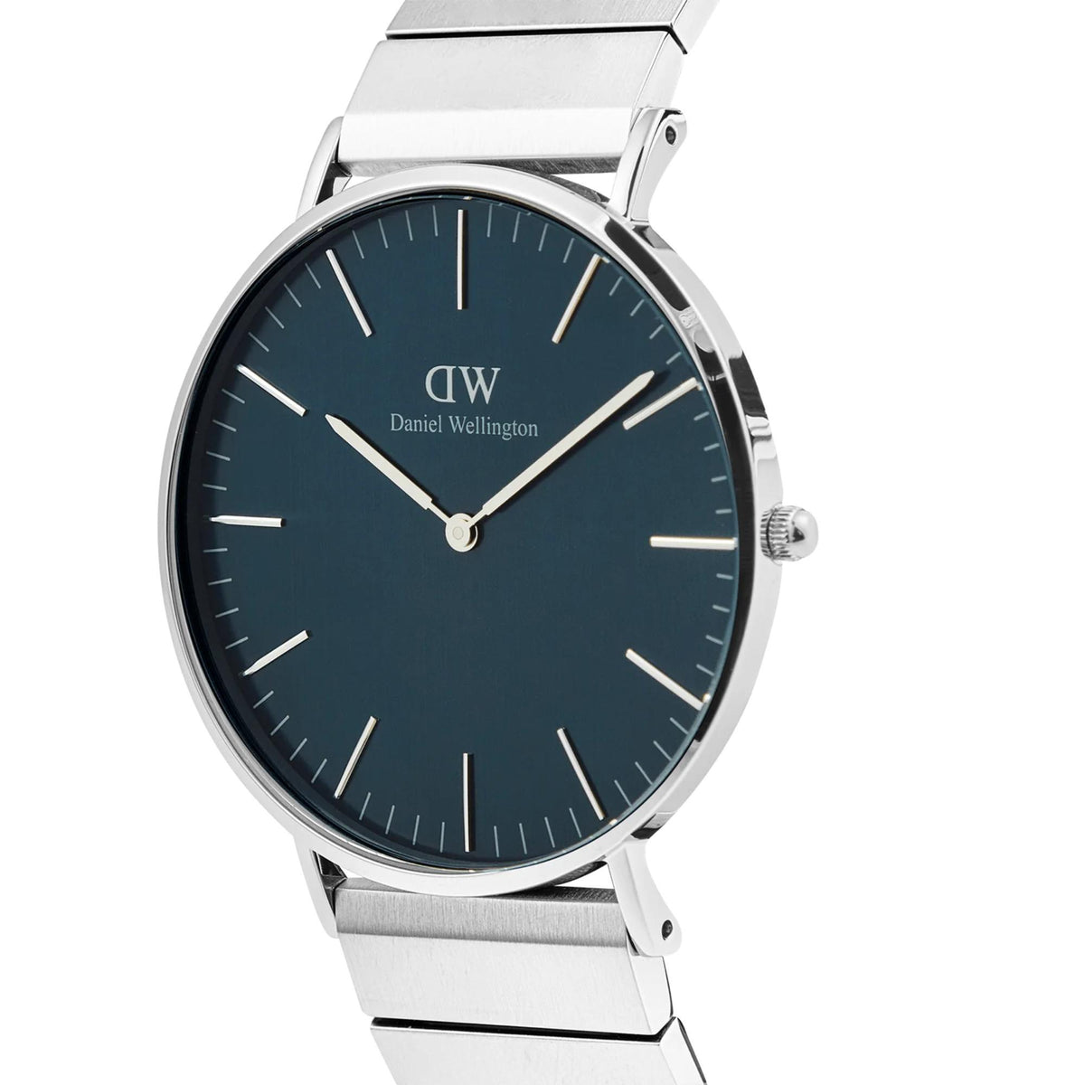 Daniel Wellington watch with dark blue dial, slim hands, and steel case