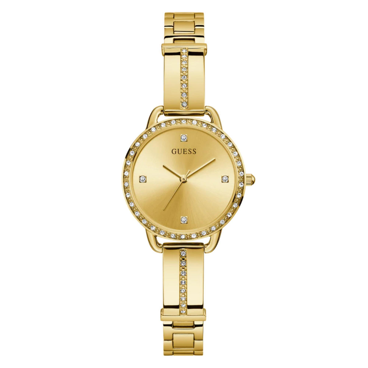 Gold-tone analog watch with champagne dial, gem bezel, and linked metal bracelet.