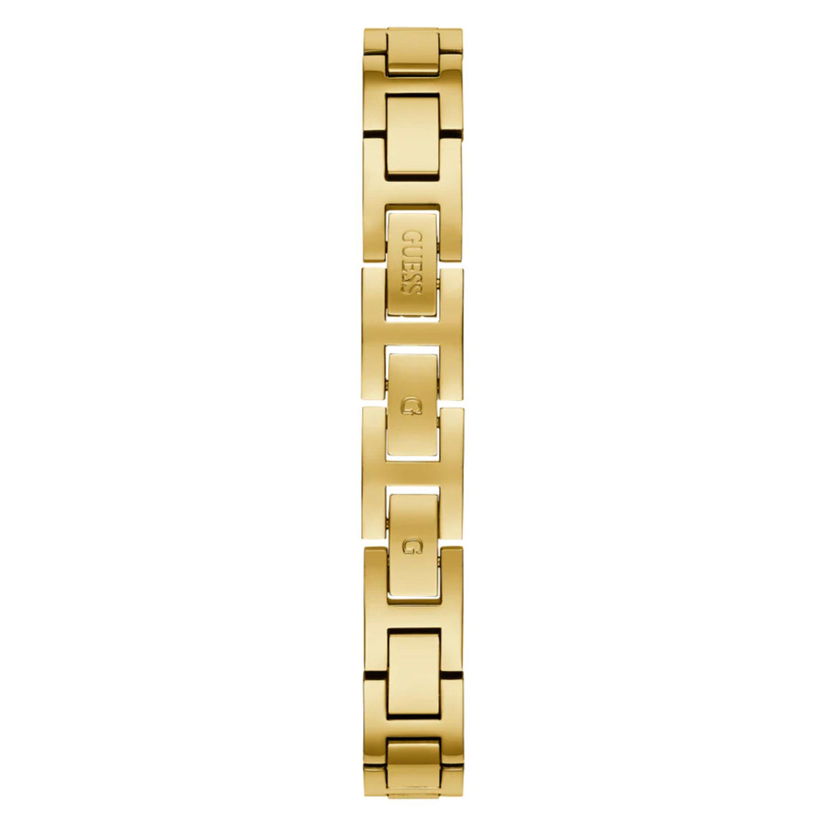 Gold-tone analog watch bracelet detail with polished links and bezel accents.