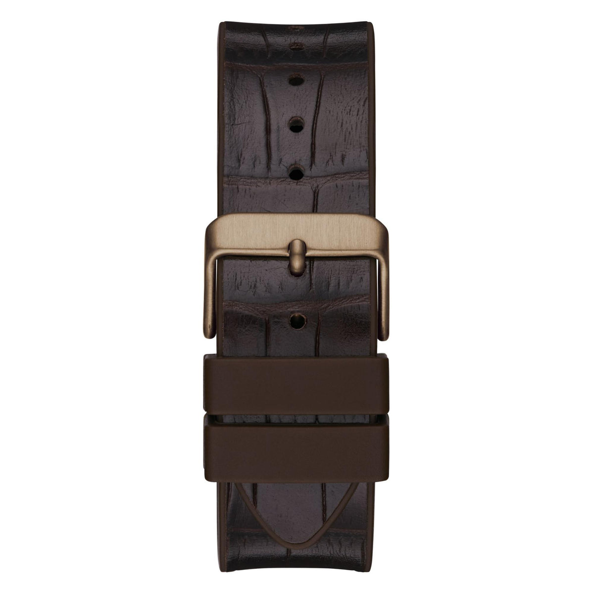 Men’s dark brown leather watch strap with gold-tone buckle clasp and keeper
