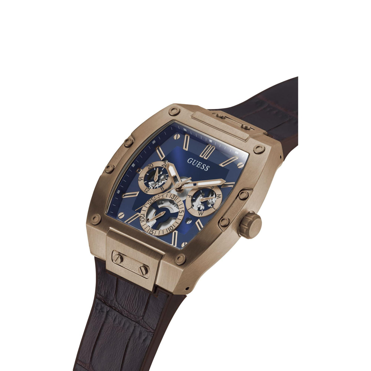 Men’s multifunction watch with blue dial, gold-tone case, and dark brown leather strap, angled