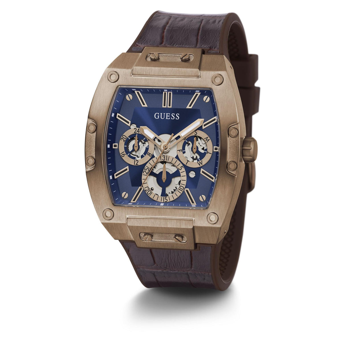 Men’s blue-dial multifunction watch with gold-tone case and dark brown leather strap, front view