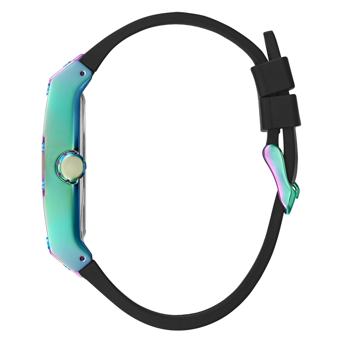 Two-tone men’s watch case with black bezel and black silicone strap; side view.