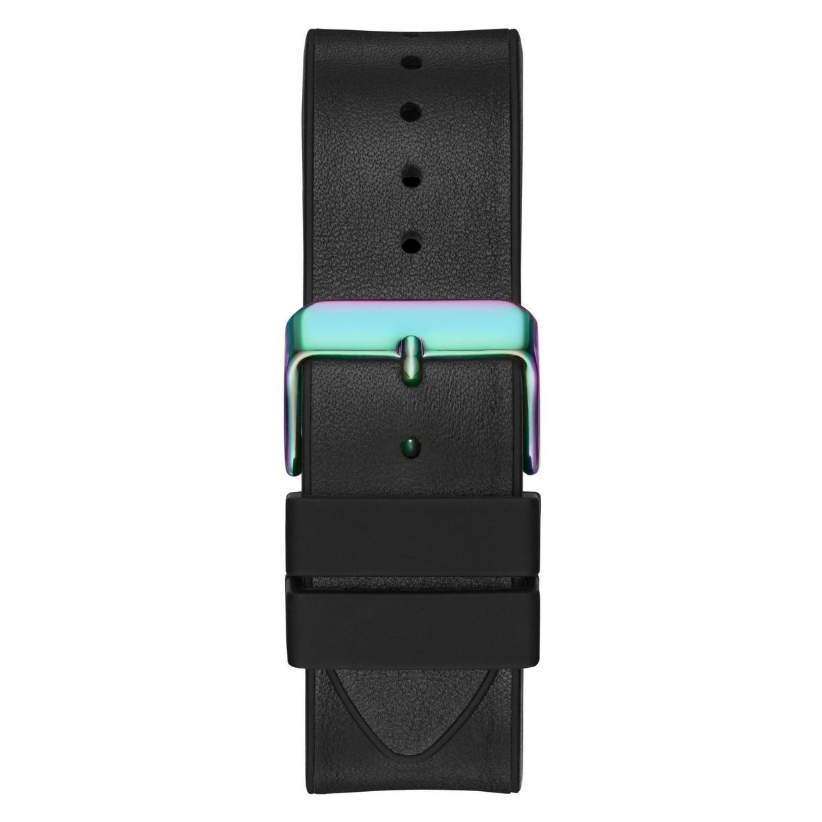 Two-tone men’s watch buckle view with black silicone strap and metallic green band.