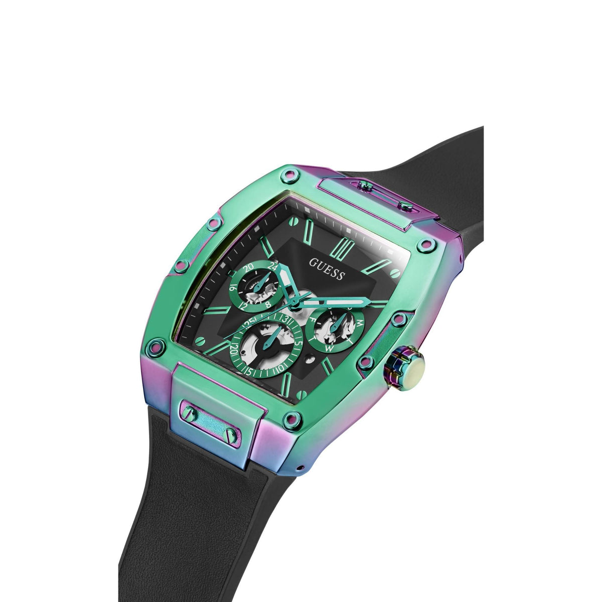 Two-tone men’s watch with black dial, multi-dials, and iridescent green/purple case.
