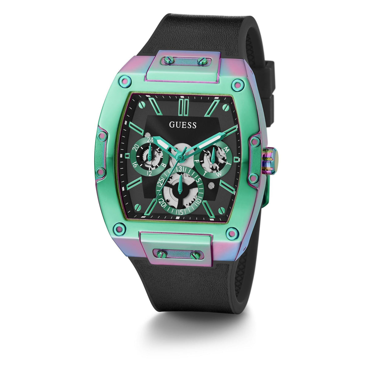 Two-tone men’s stainless steel watch with black dial and black silicone strap; front angled.