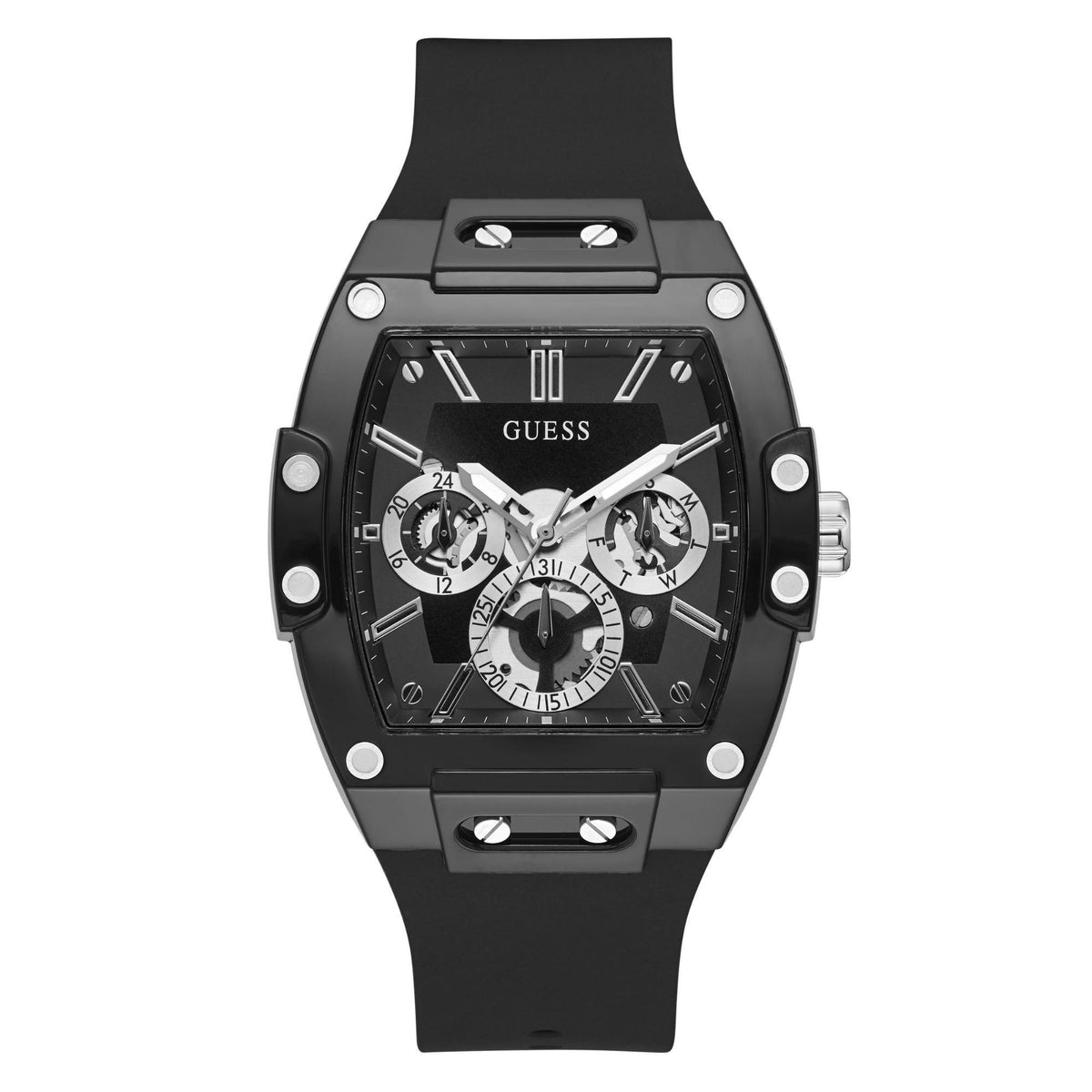 Men's multifunction watch with black dial, silver subdials, and black silicone strap