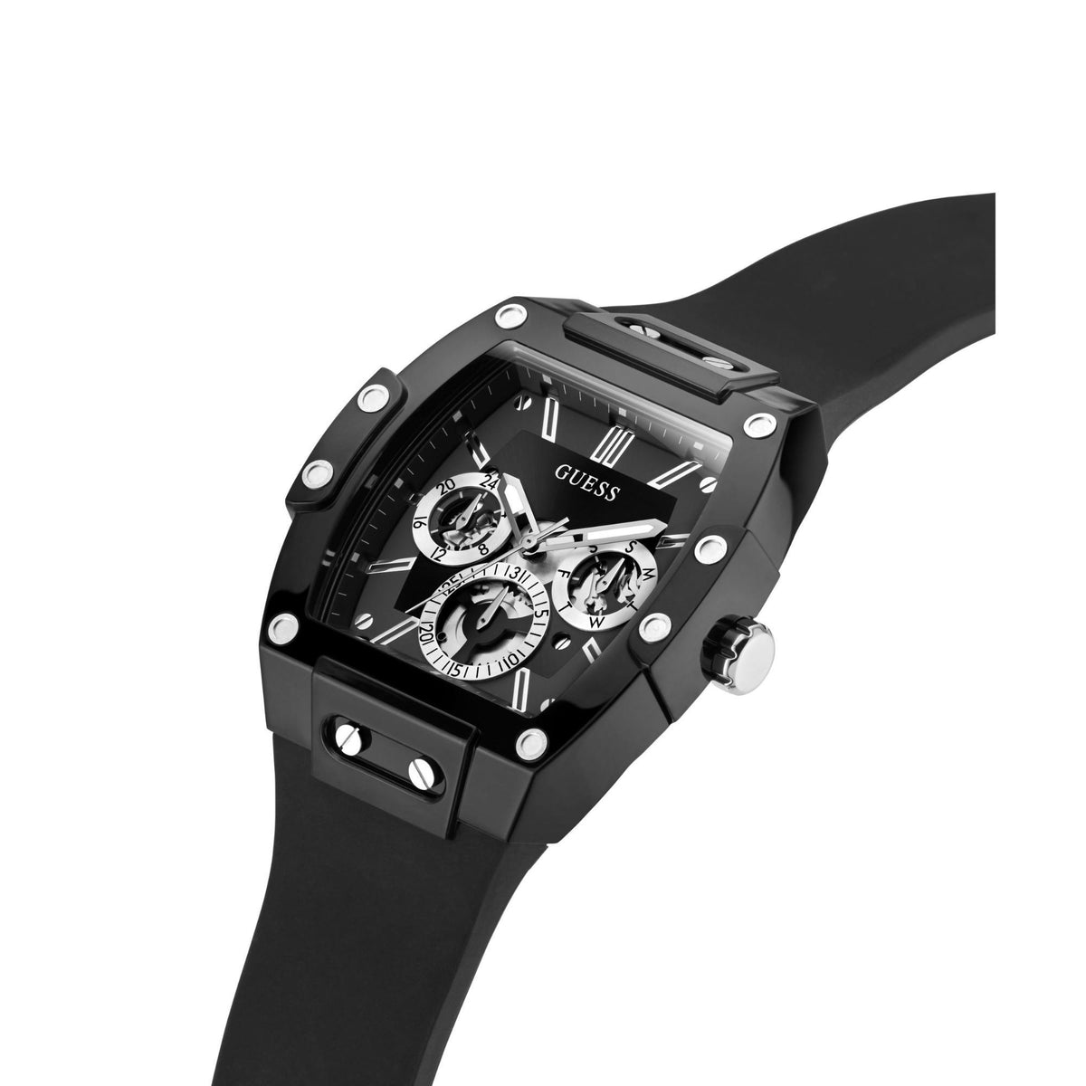 Men's multifunction watch with black dial, silver details, and side crown
