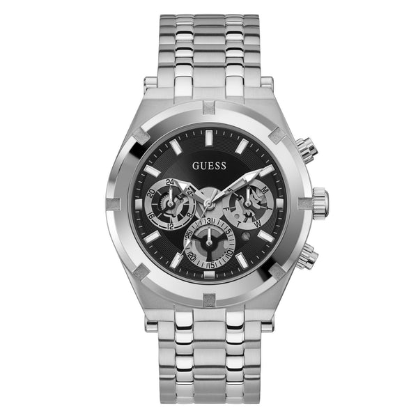 Men's stainless steel watch with black dial, multifunction subdials, link bracelet