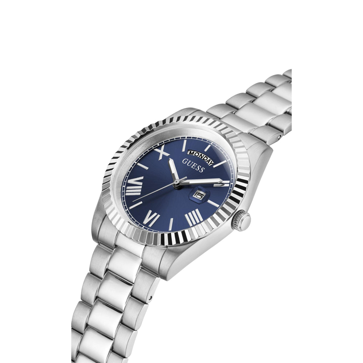 Men's stainless steel watch with blue dial and silver hands, angled view