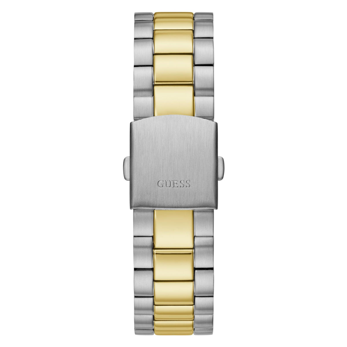 Two-tone men’s wristwatch top view with brushed back and gold-and-steel link bracelet
