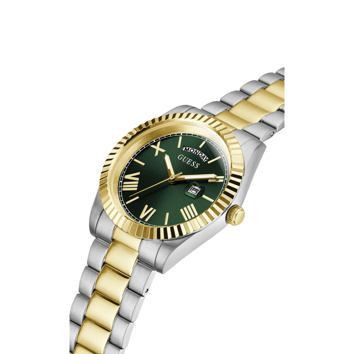 Two-tone men’s wristwatch angled view with green dial, gold accents, steel-and-gold bracelet