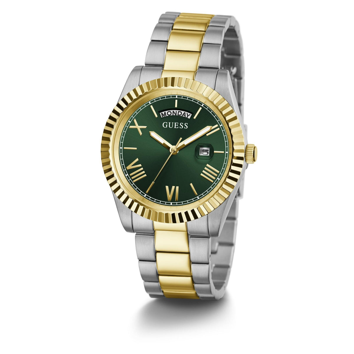 Two-tone men’s wristwatch front view with green dial, day markers, gold bezel, steel bracelet