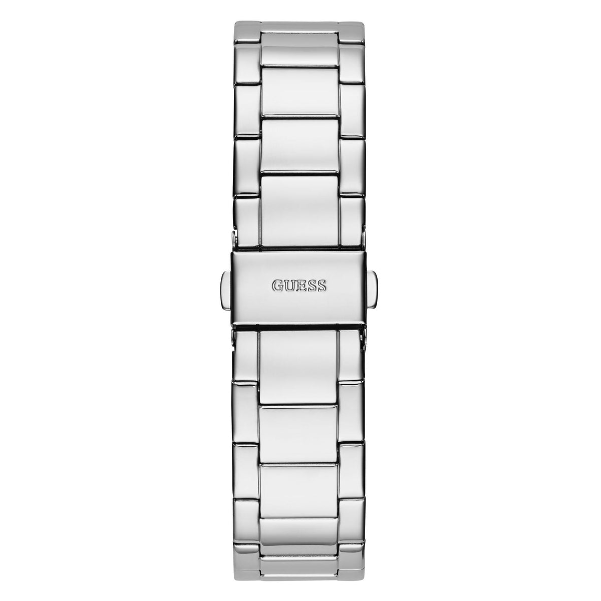 Silver stainless steel bracelet watch with clasp and Guess logo on dial