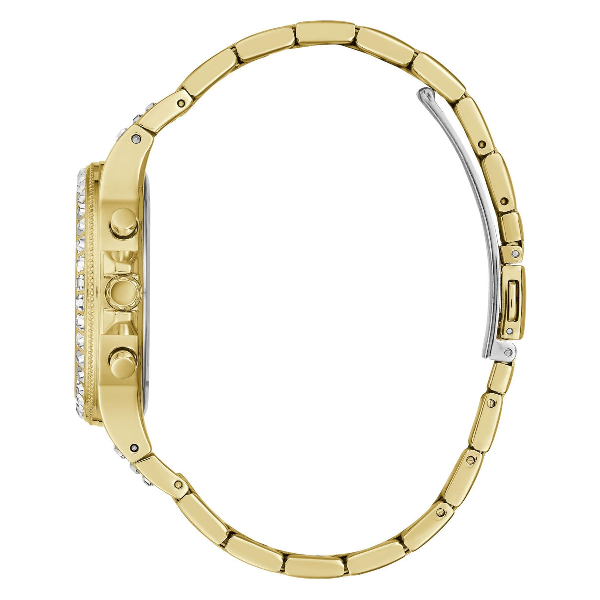 Gold-tone stainless steel bracelet watch case and links, side view
