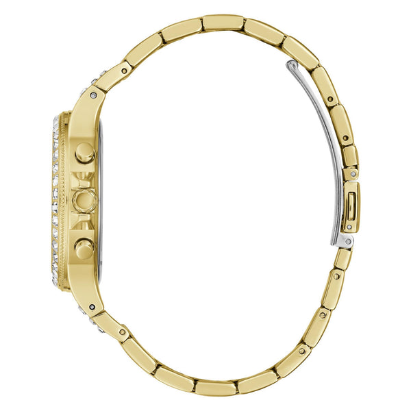 Gold-tone stainless steel bracelet watch case and links, side view
