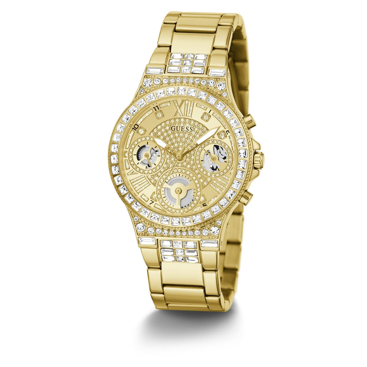 Gold-tone round watch with champagne dial, crystal bezel, and metal bracelet