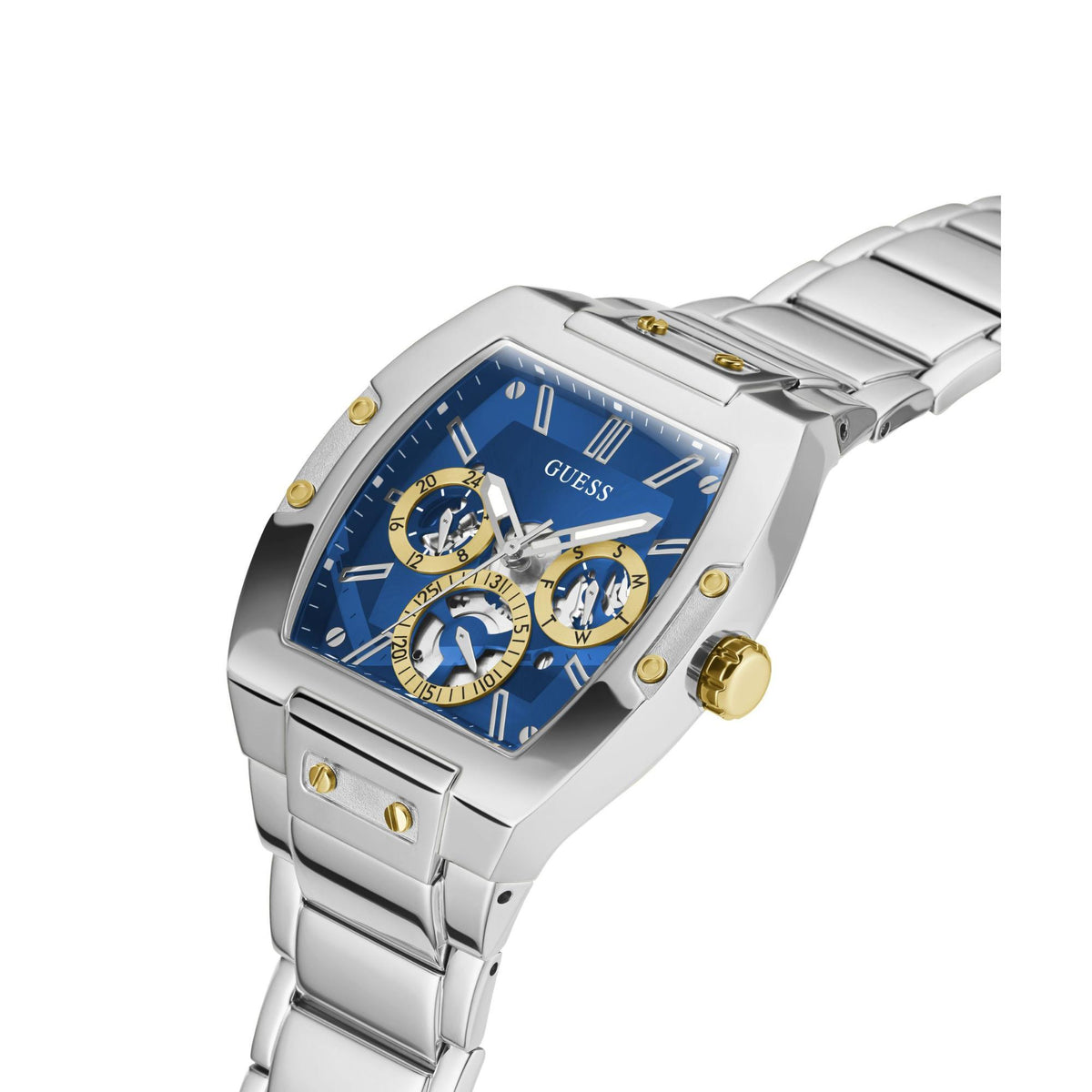 Silver watch case with blue dial, gold accents, and multi-function subdials in side view.