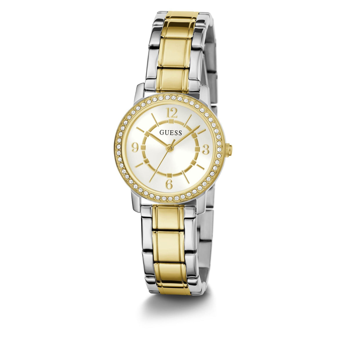 Two-tone analog watch with white dial and crystal-studded bezel on metal link bracelet