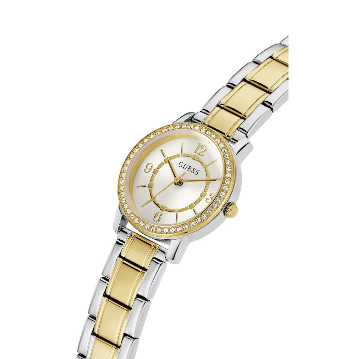 Two-tone analog watch with white dial, gold dial details, crystal bezel, linked bracelet