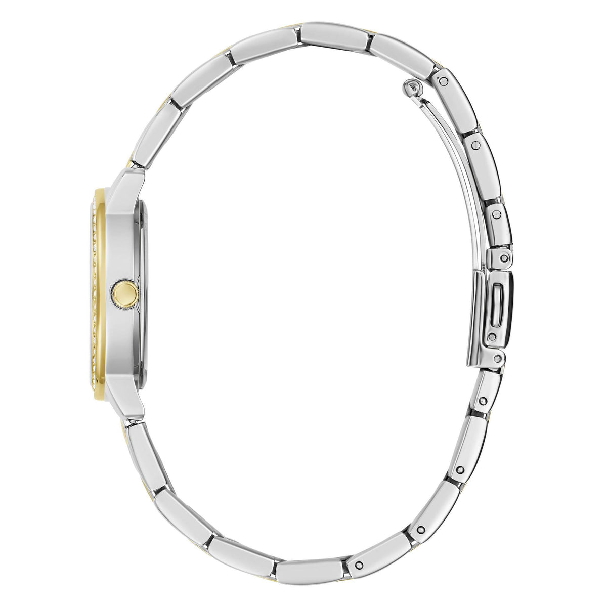 Two-tone metal watch bracelet with silver links and gold accent along the side