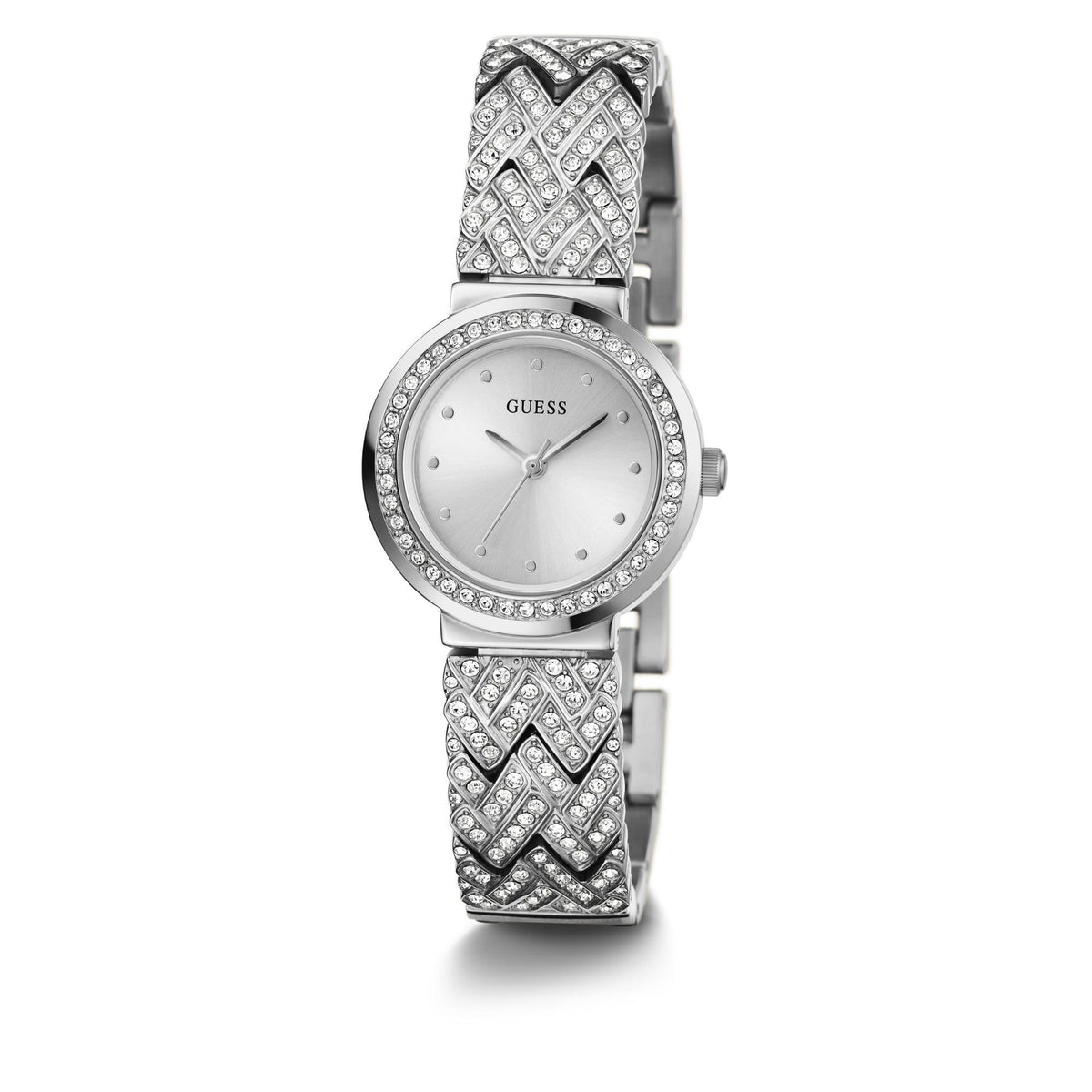 Silver-tone women’s analog watch with jeweled link bangle and round silver dial