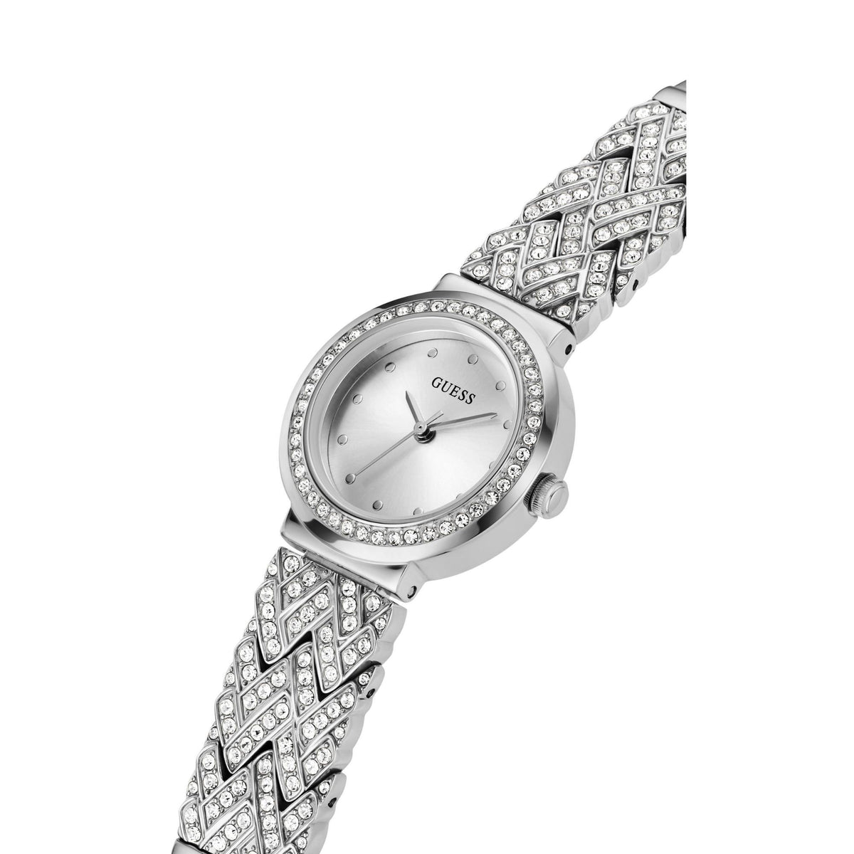 Silver-tone jeweled bangle analog watch with round silver dial and side crown