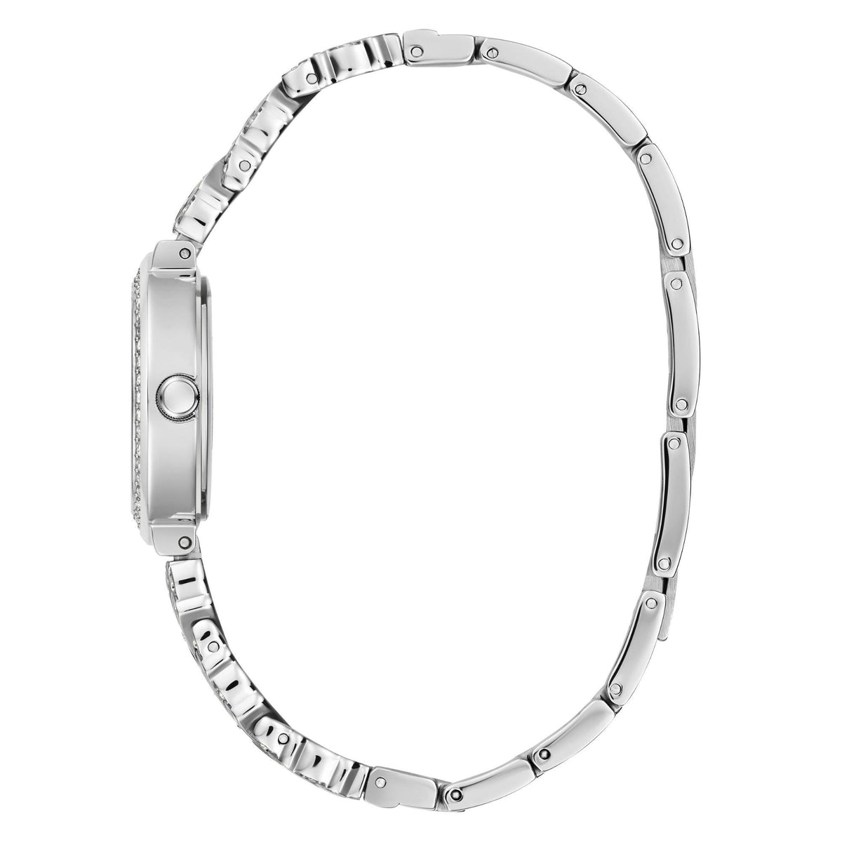 Silver-tone stainless steel analog watch case with articulated metal bangle links