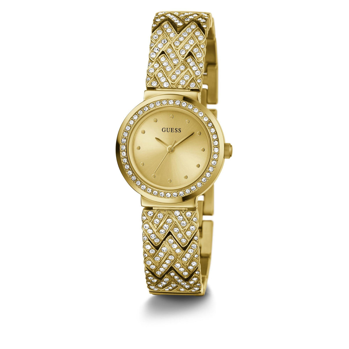 Gold-tone analog watch with round champagne dial and rhinestone link strap, side view