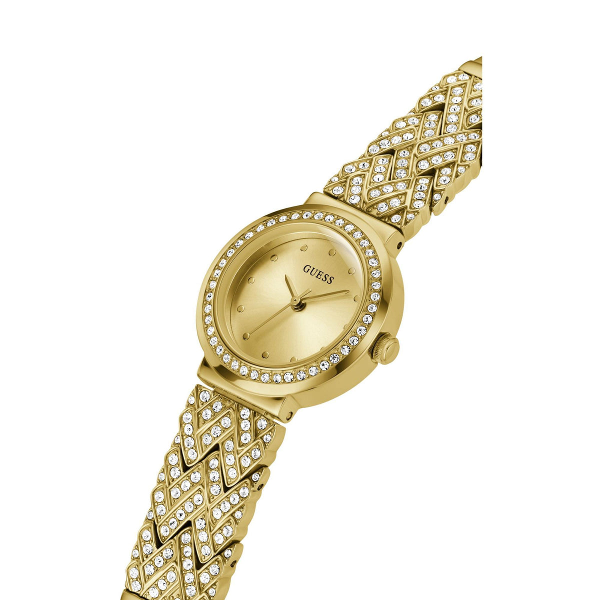 Gold-tone analog watch on rhinestone link strap, round champagne dial detail