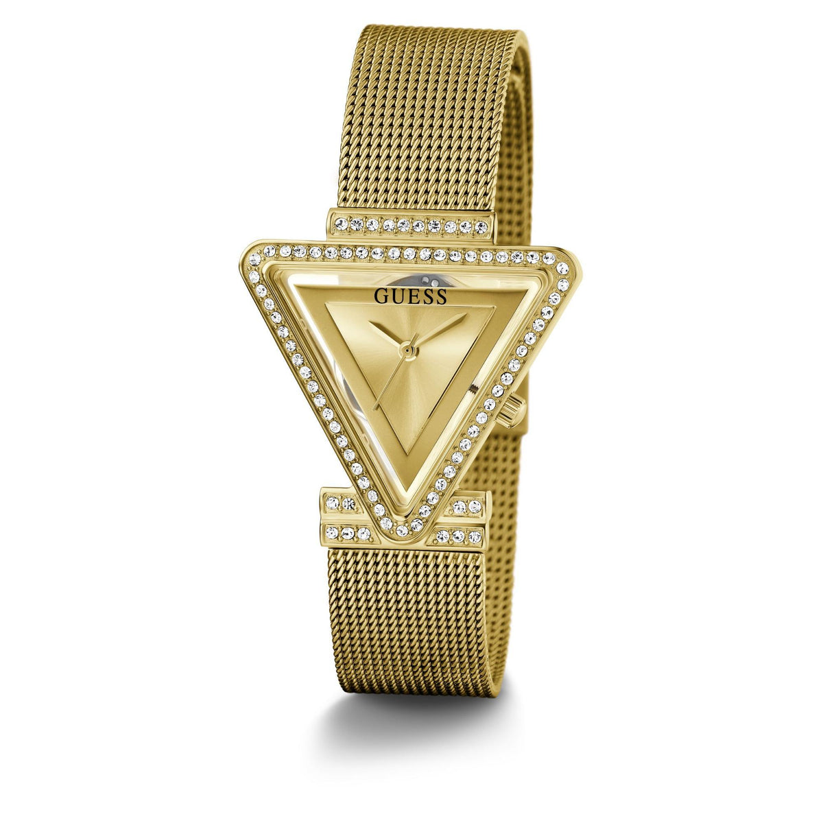 Gold tone analog watch with mesh bracelet strap and triangular jeweled bezel, champagne dial