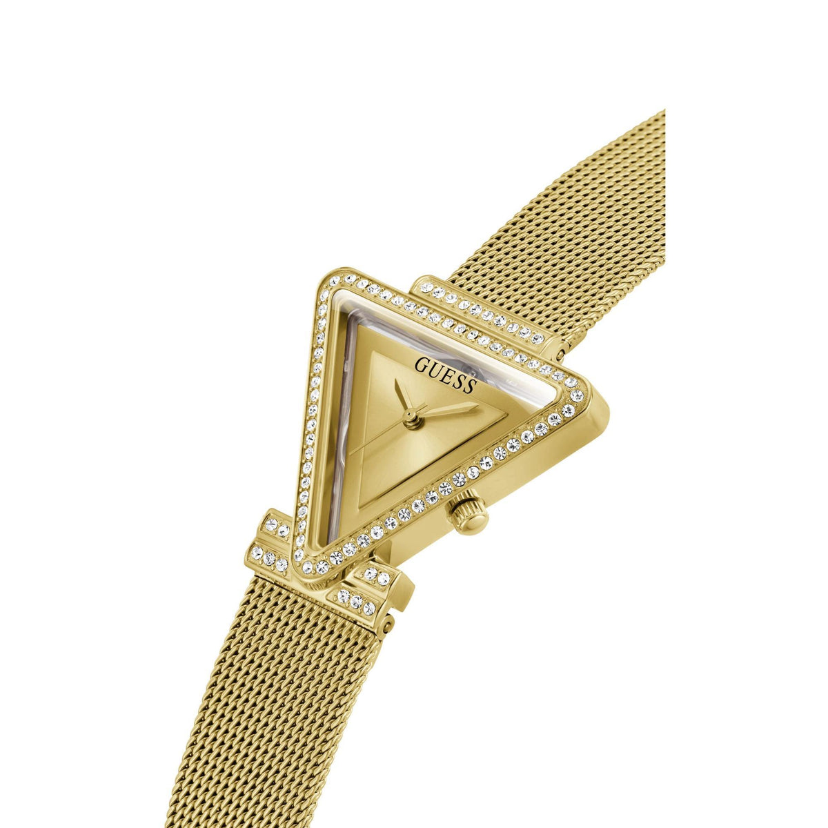 Gold tone analog watch close-up with triangular crystal bezel and champagne dial on mesh band