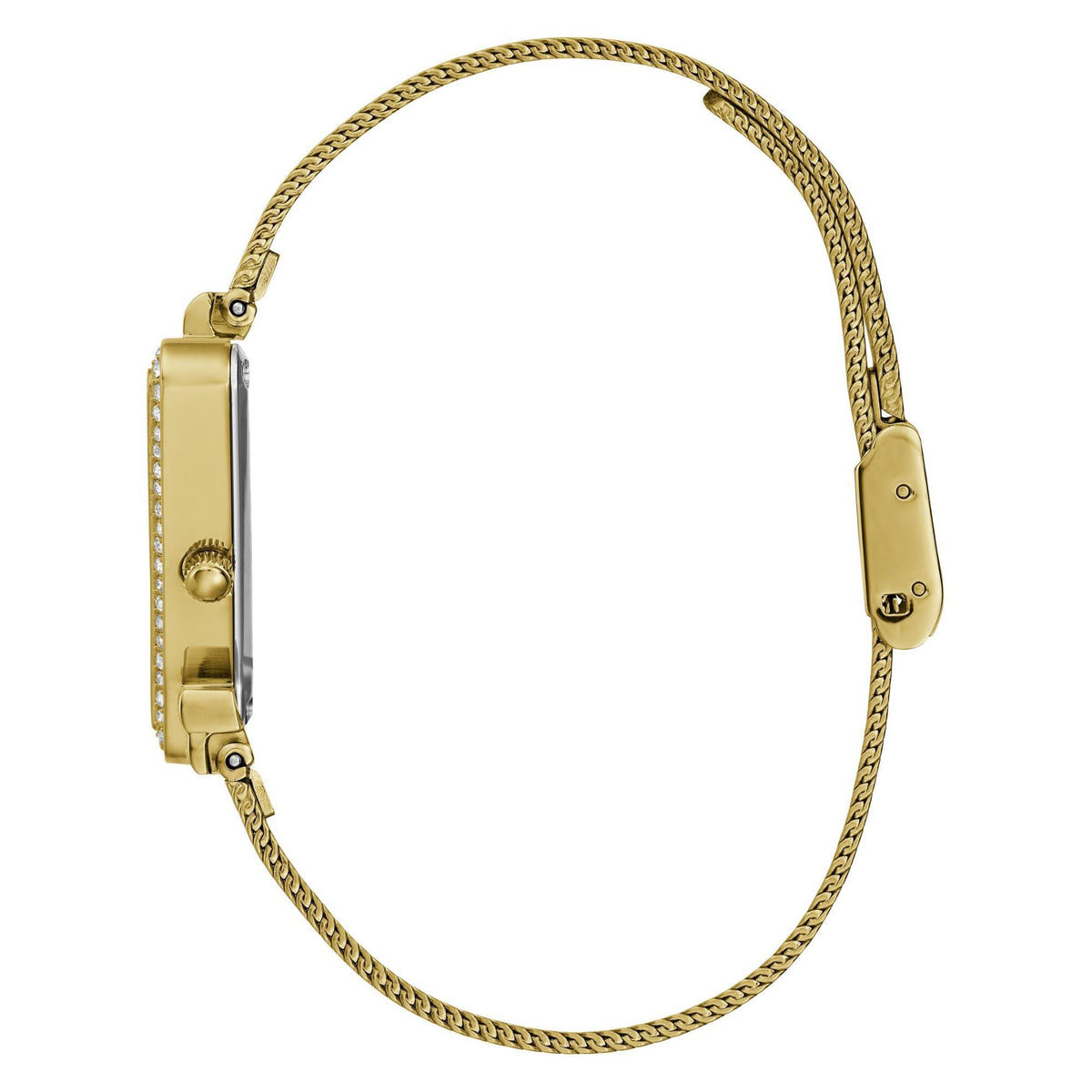 Gold tone analog watch band profile with mesh links and side crown