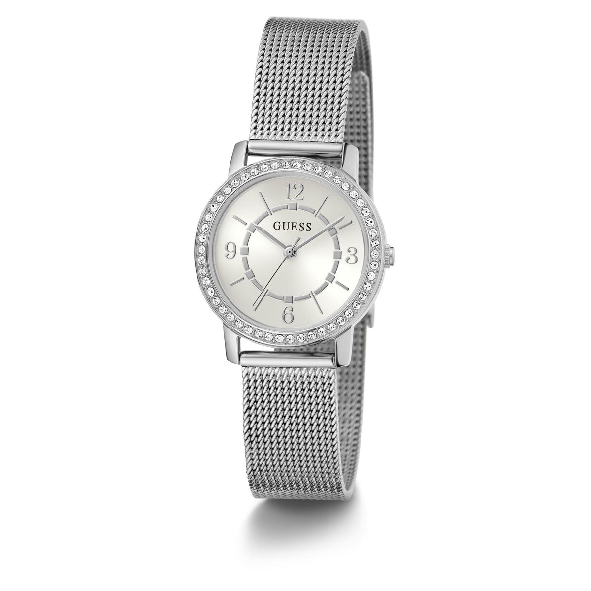 GUESS women's analog watch with silver mesh strap, white dial, crystal bezel