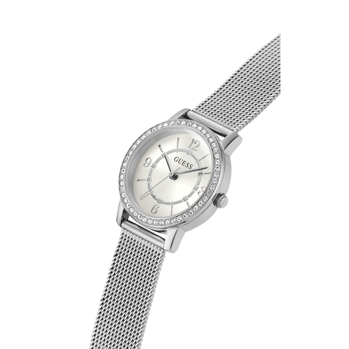 GUESS women's analog watch with silver mesh strap, white dial, crown at 3 o'clock