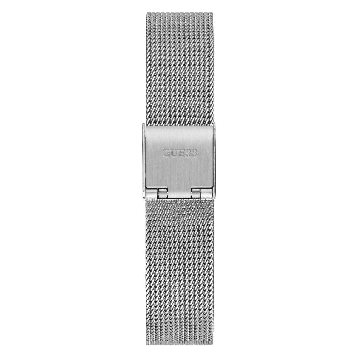 Silver metal mesh watch band with rectangular clasp, GUESS logo on keeper