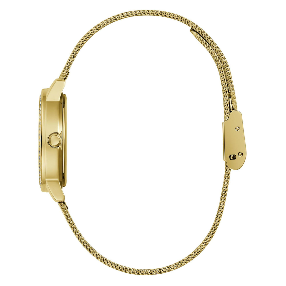 Gold tone analog watch, mesh bracelet with clasp, round gold case