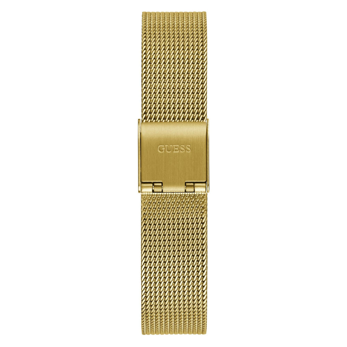Gold tone analog watch, gold mesh strap buckle with GUESS engraving