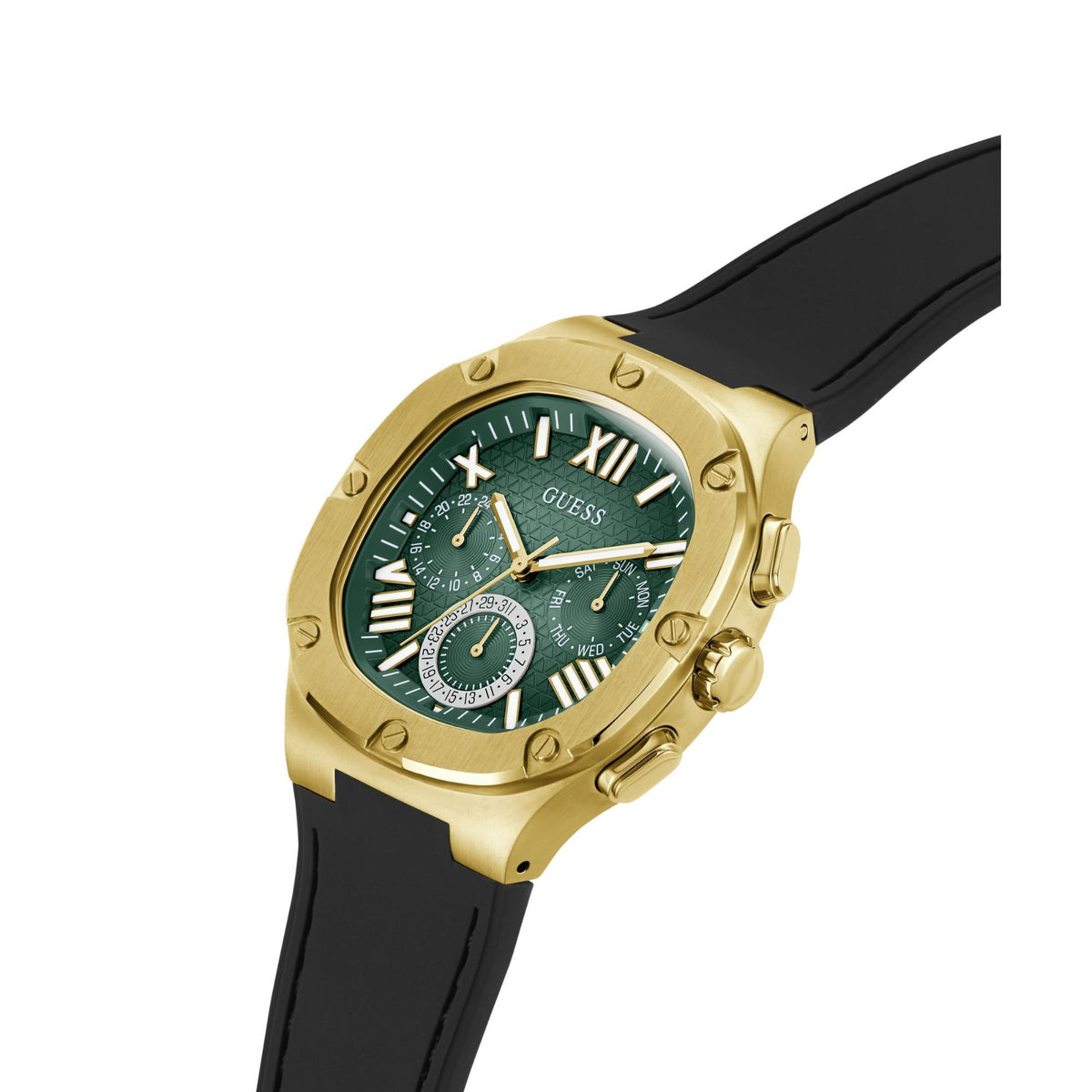 Gold-tone multi-function men’s watch with green dial and black silicone strap