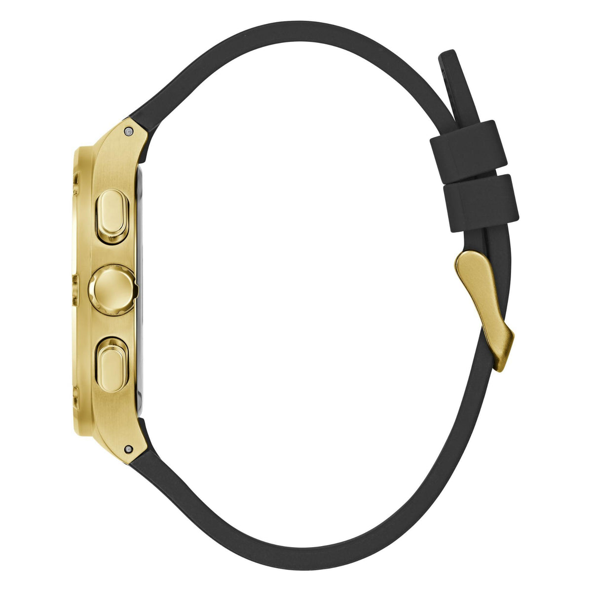 Men’s watch with gold-tone case and black silicone strap, side view