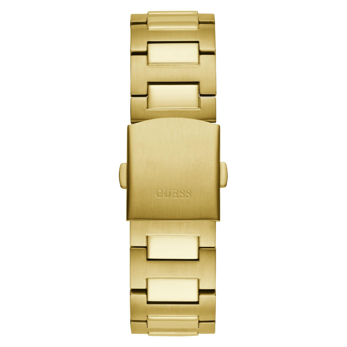 Gold tone watch clasp with GUESS logo and matching metal link bracelet
